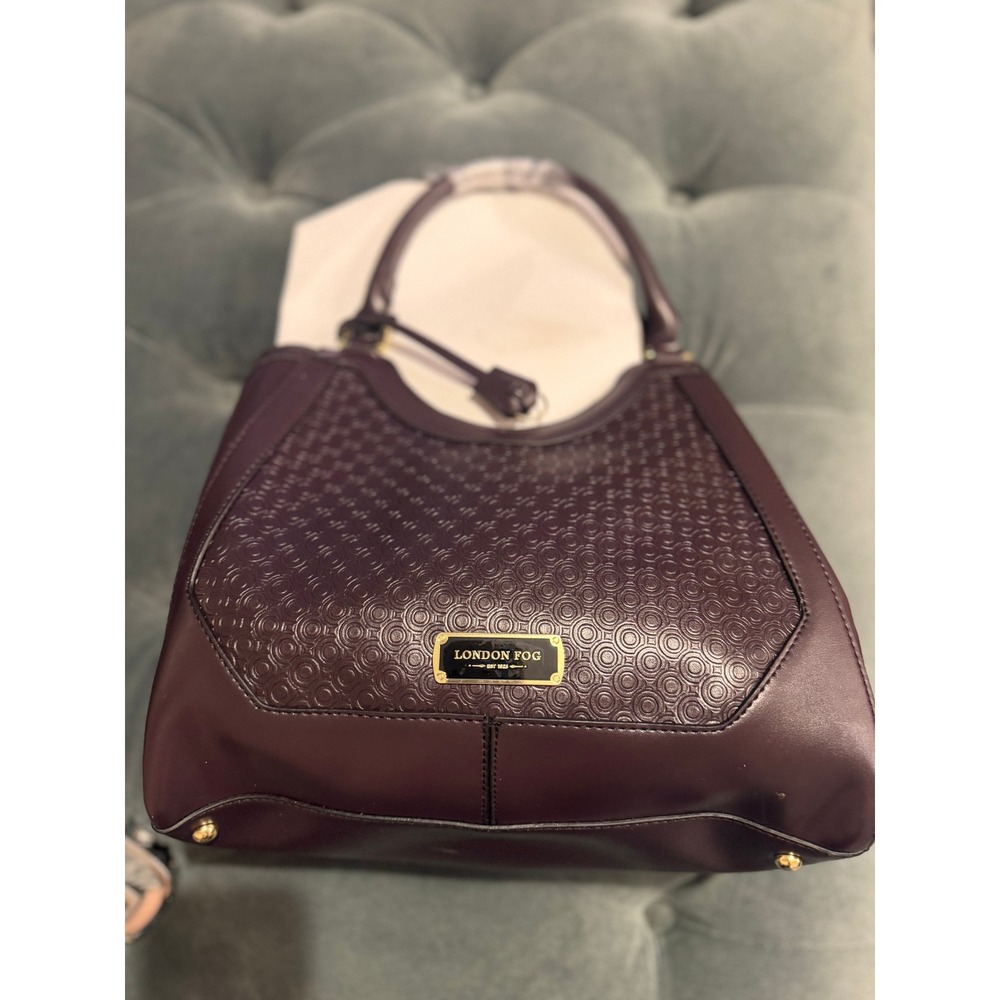 London Fog Plum Burgundy Embossed Faux Leather Shoulder Bag Satchel Gold Tone